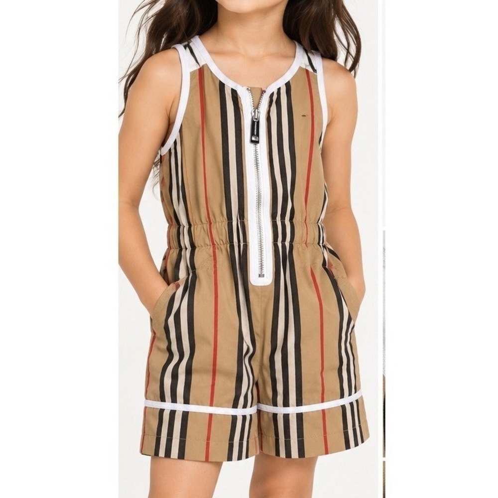 Burberry Kids Icon Stripe Sleeveless Zip Romper Beige Tan 12M